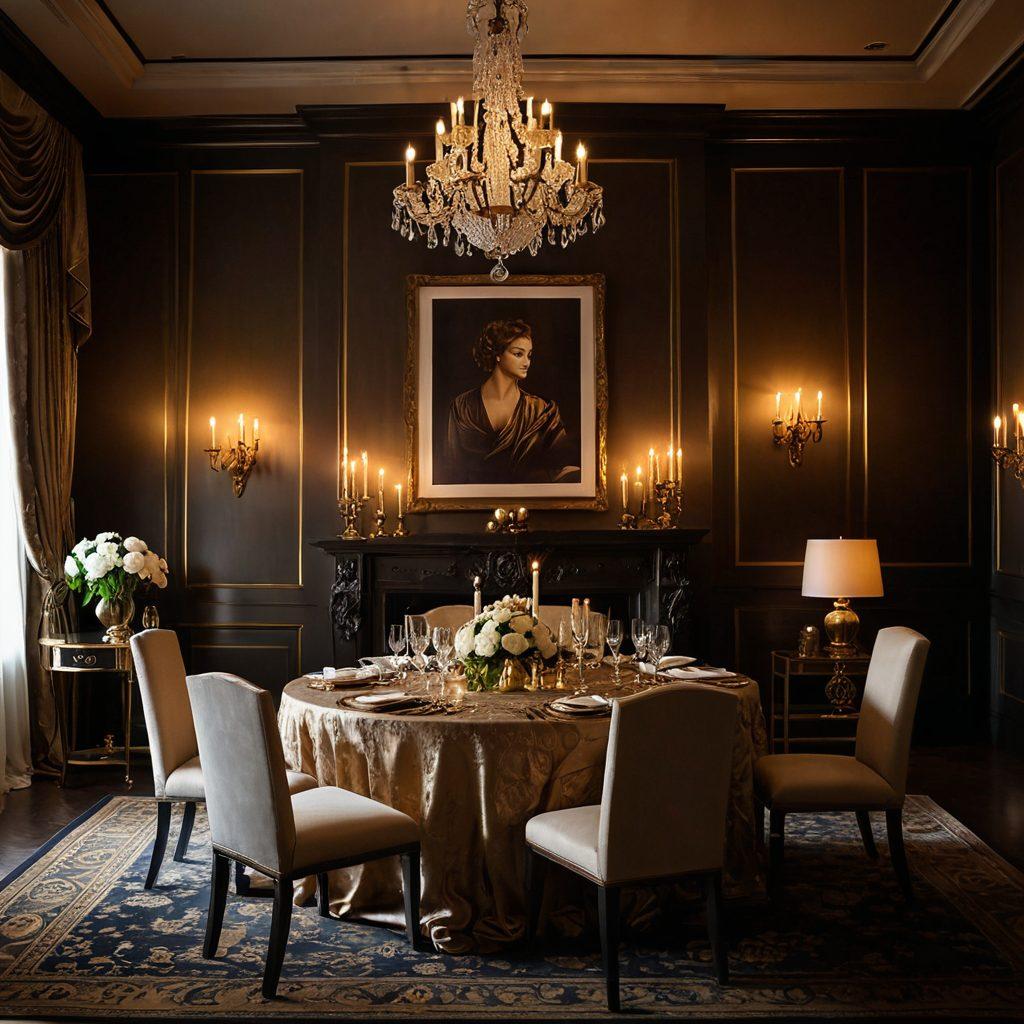 An opulent setting featuring an elegant, dimly lit room adorned with rich fabrics, plush furniture, and soft candlelight. In the foreground, a tasteful scene unfolds with a beautifully set table draped in silk, showcasing sensual art pieces and an alluring silhouette. The atmosphere captures a blend of sophistication and intimacy, appealing to modern sensuality. Fashion-forward individuals in luxurious attire subtly engage with each other, inviting viewers into the exclusive world. ornate textures, golden accents, soft focus, high-end aesthetic.